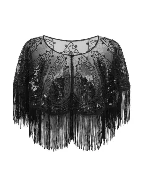 1920s Crew Neck Sequined Tassel Cape