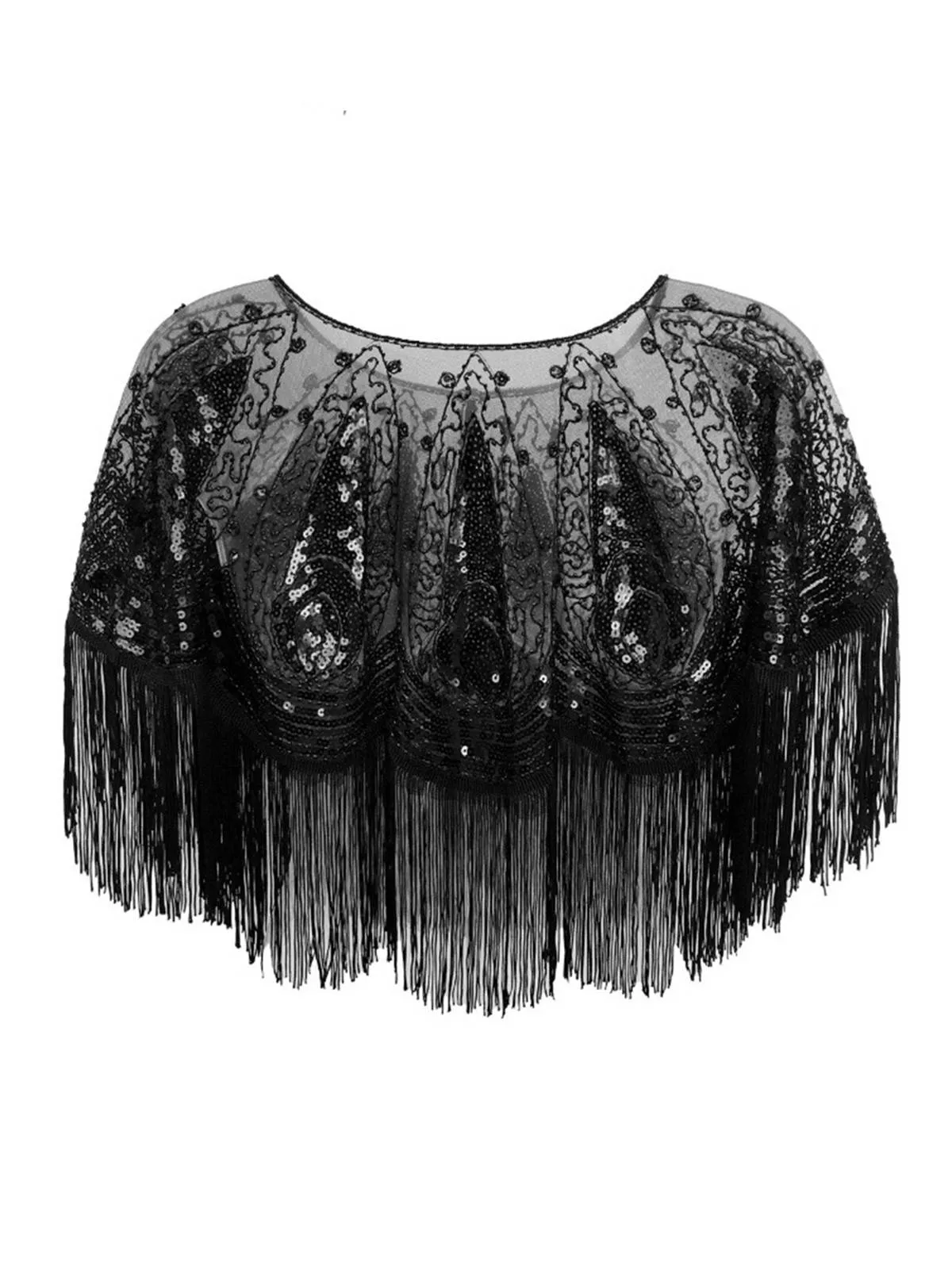 1920s Crew Neck Sequined Tassel Cape