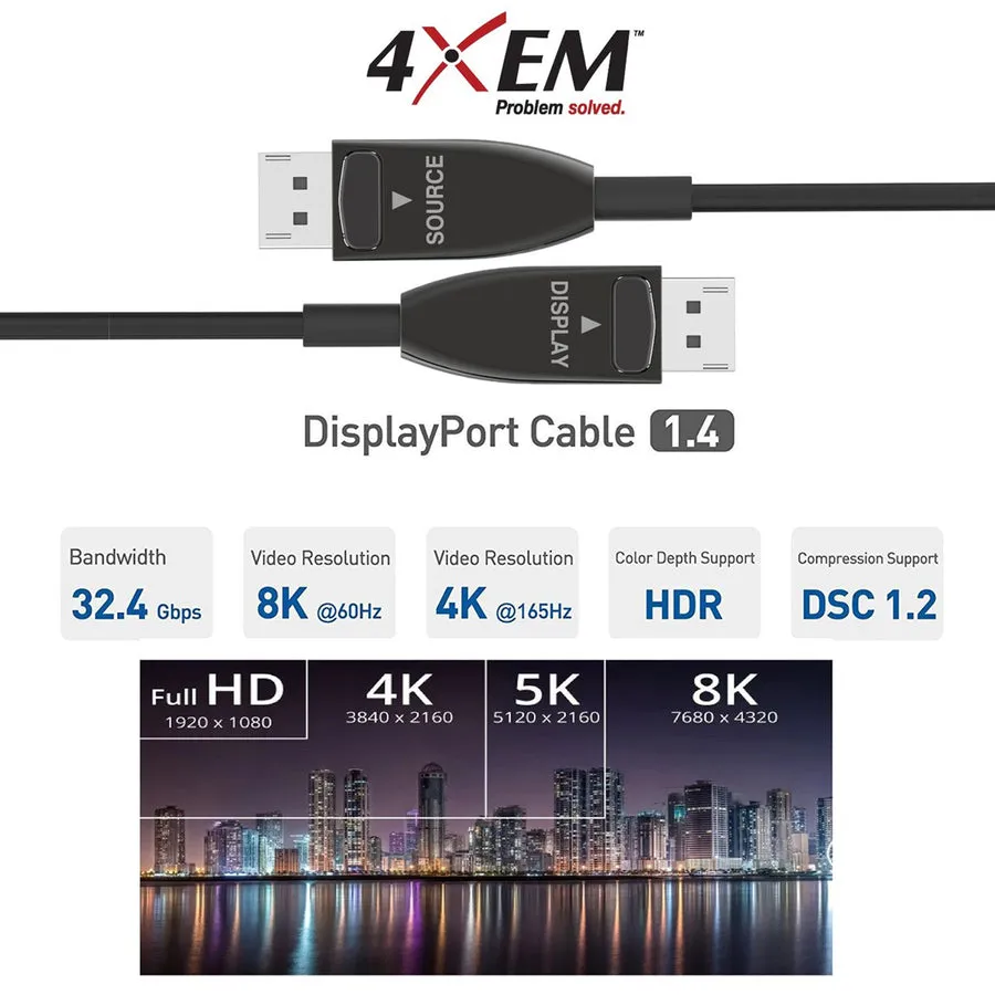 4XEM 20M 65ft Active Optical Fiber 1.4 DisplayPort Cable 4XFIBERDPAOC20M