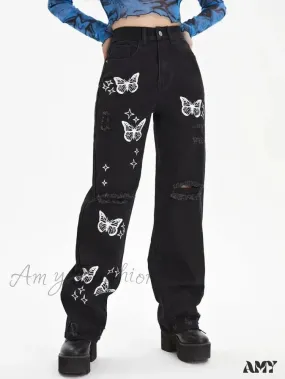 Amy Fashion - New Butterfly Print Ripped High Waist Loose Straight Cotton Streetwear Jean