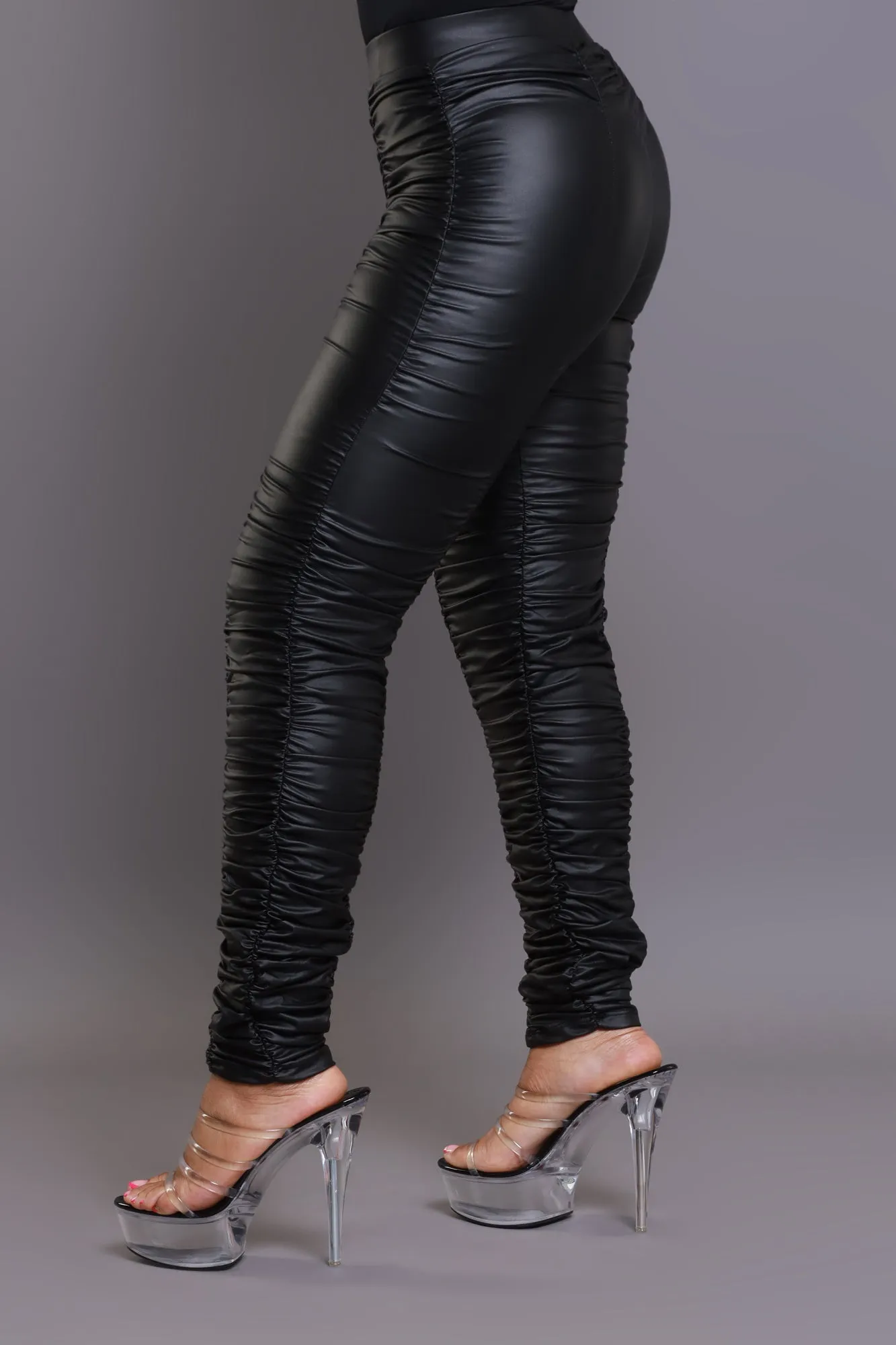 Be Honest Ruched High Waist Pants - Black Faux Leather