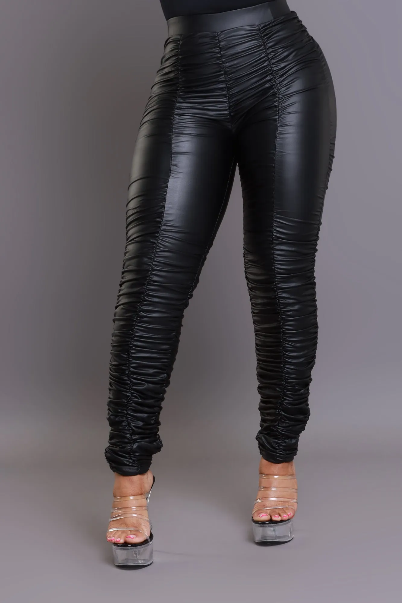 Be Honest Ruched High Waist Pants - Black Faux Leather