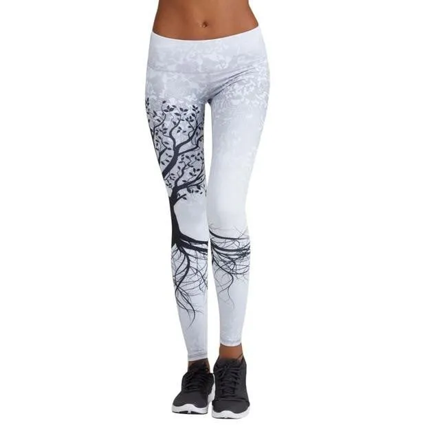 Black and White Tree Printed Fitness Leggings