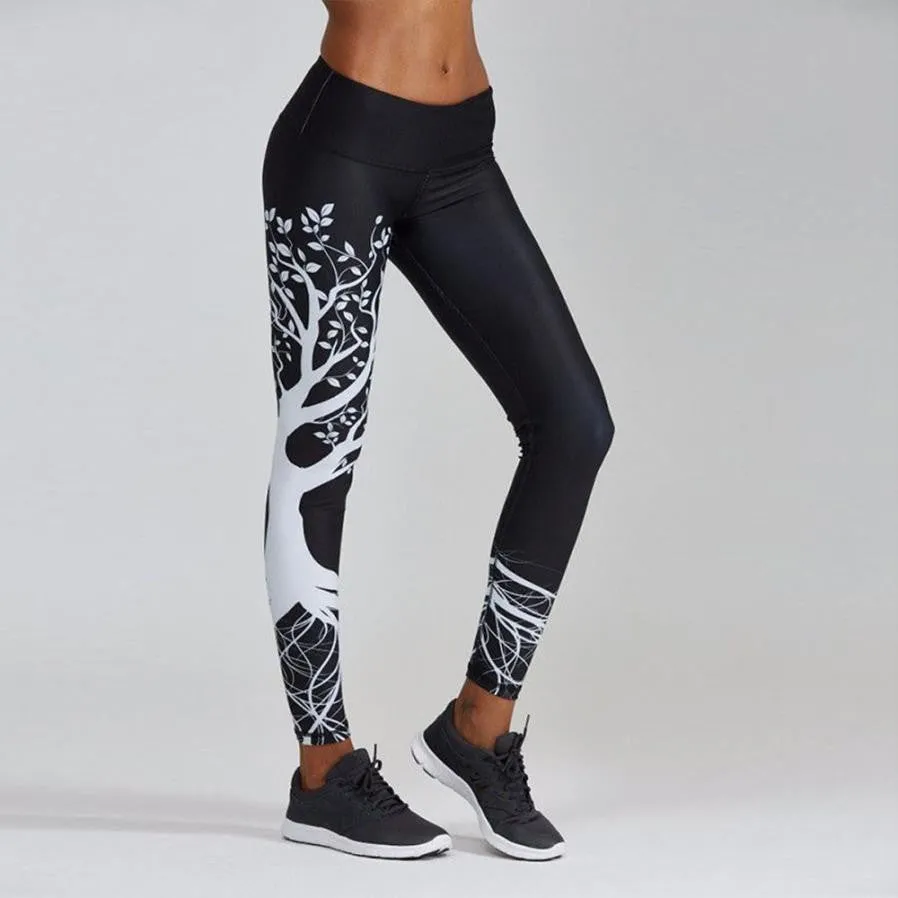 Black and White Tree Printed Fitness Leggings