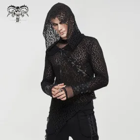 Black Hooded Pull-Over Large Net Long Sleeved Shirt