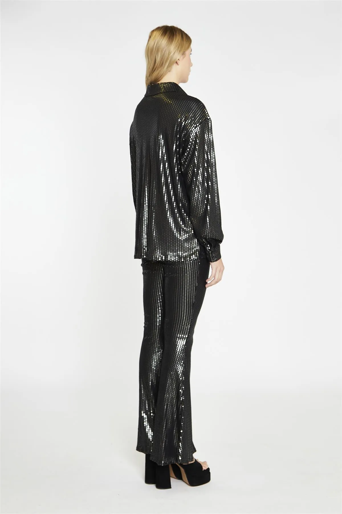 Black Pewter-Sequin Flared Trousers