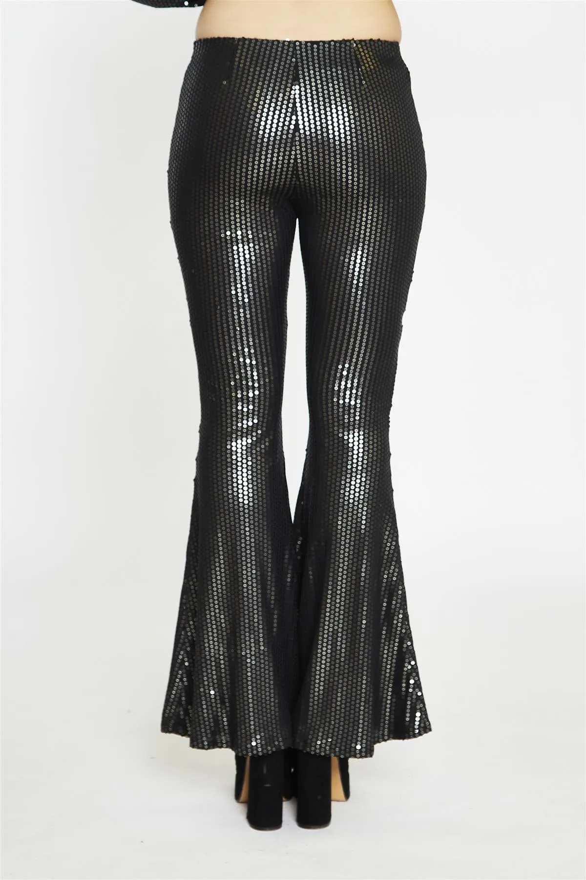 Black Pewter-Sequin Flared Trousers