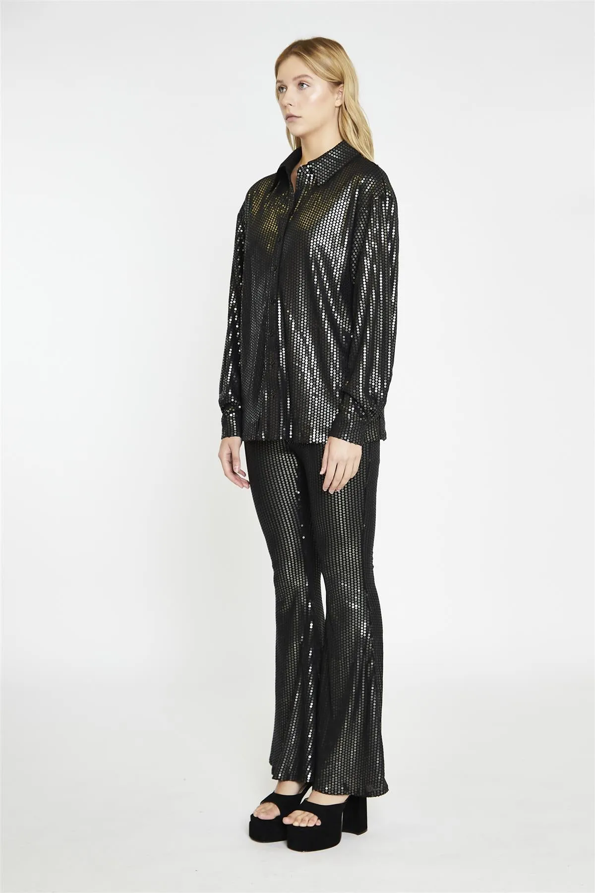 Black Pewter-Sequin Flared Trousers