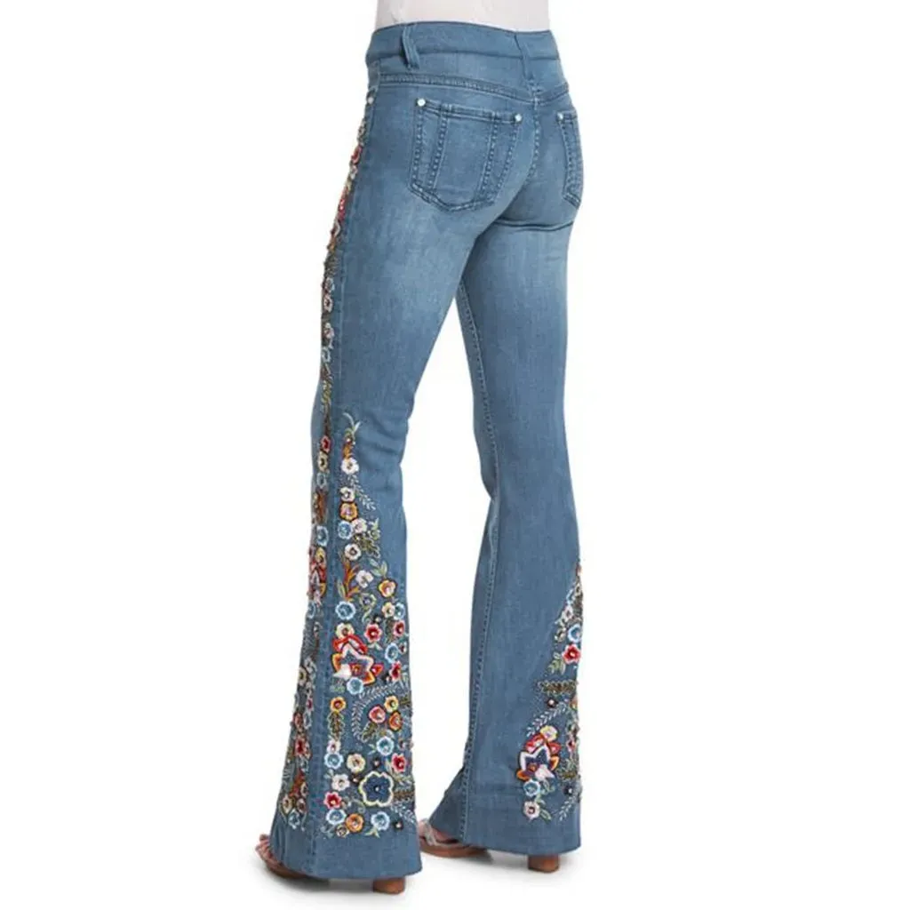 Blue Jeans Women Stretch Floral Embroidered Flared Jeans Fashion High