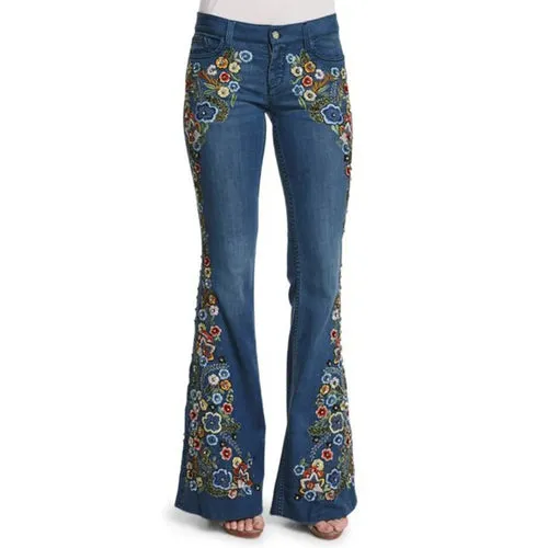 Blue Jeans Women Stretch Floral Embroidered Flared Jeans Fashion High