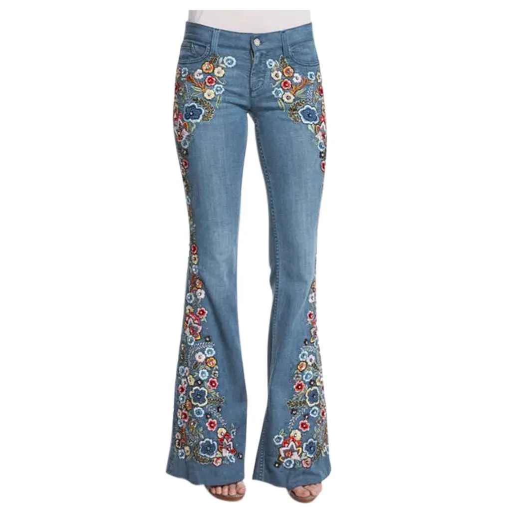 Blue Jeans Women Stretch Floral Embroidered Flared Jeans Fashion High