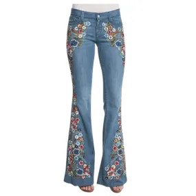 Blue Jeans Women Stretch Floral Embroidered Flared Jeans Fashion High