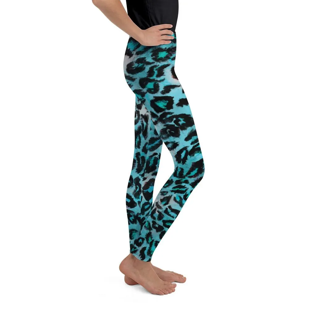 Blue Leopard Youth Tights, Best Blue Leopard Animal Print Cute Youth Leggings Workout Tights Pants - Made in USA/EU