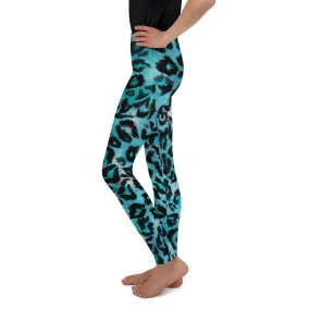 Blue Leopard Youth Tights, Best Blue Leopard Animal Print Cute Youth Leggings Workout Tights Pants - Made in USA/EU