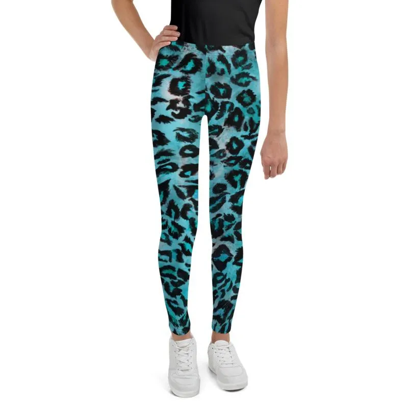 Blue Leopard Youth Tights, Best Blue Leopard Animal Print Cute Youth Leggings Workout Tights Pants - Made in USA/EU