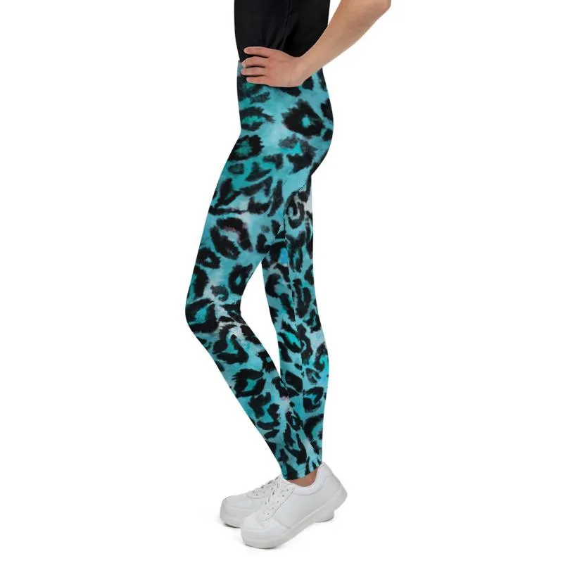 Blue Leopard Youth Tights, Best Blue Leopard Animal Print Cute Youth Leggings Workout Tights Pants - Made in USA/EU