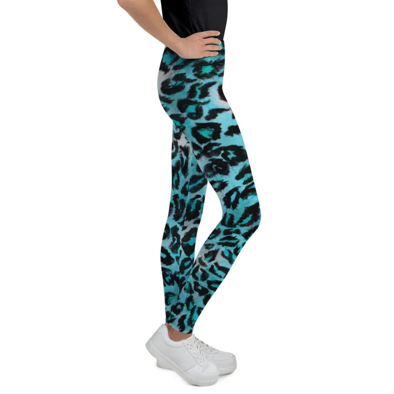 Blue Leopard Youth Tights, Best Blue Leopard Animal Print Cute Youth Leggings Workout Tights Pants - Made in USA/EU