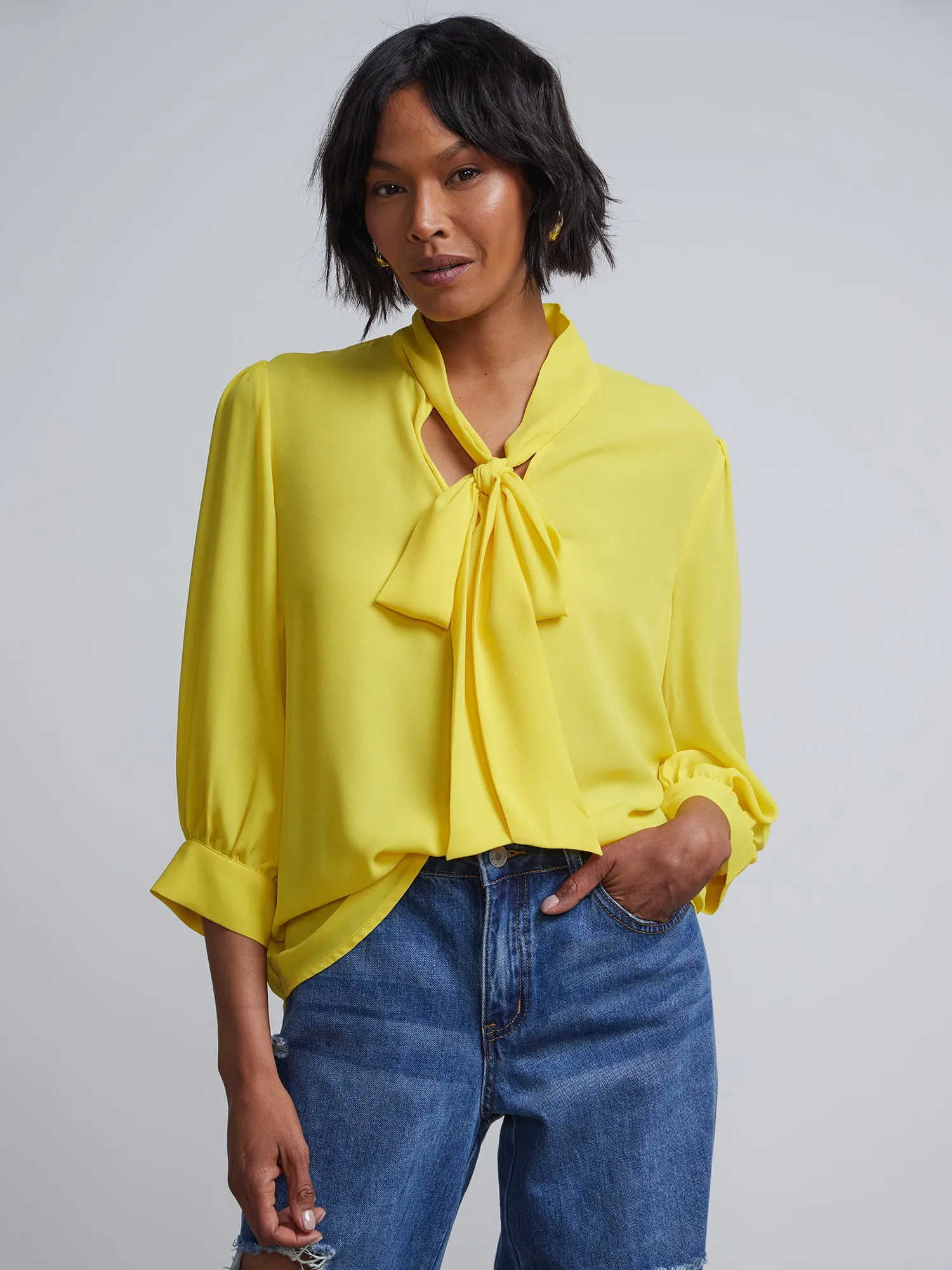 Bow-Front Cuffed-Sleeve Blouse