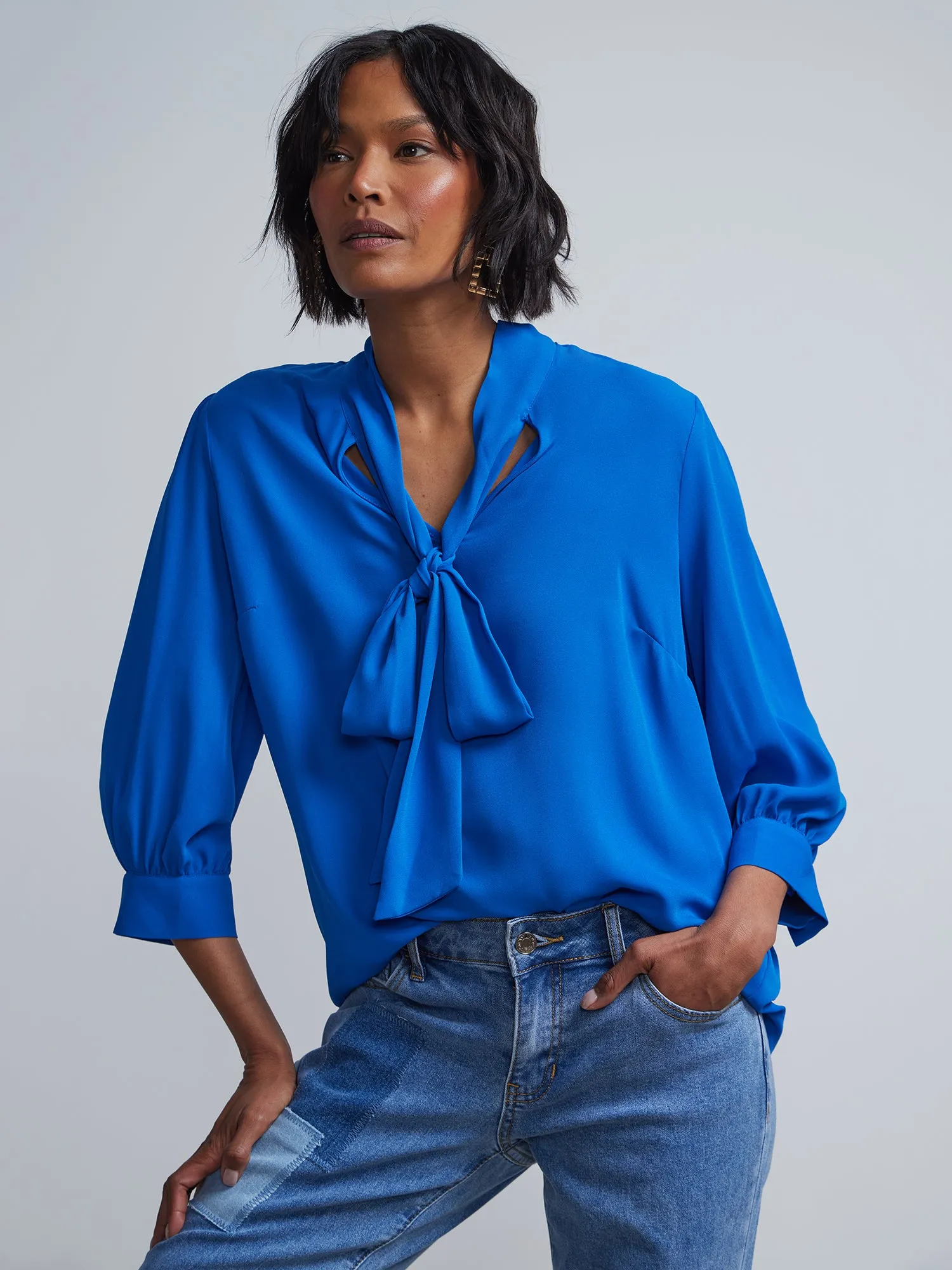 Bow-Front Cuffed-Sleeve Blouse