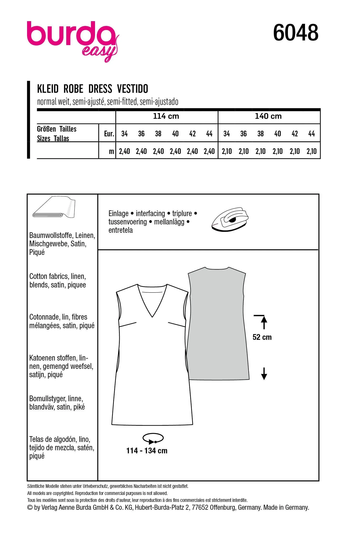 Burda Sewing Pattern 6048 Shift Dress with V-Neck