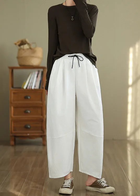 Casual White Pockets Drawstring Cotton Pants Fall QO048