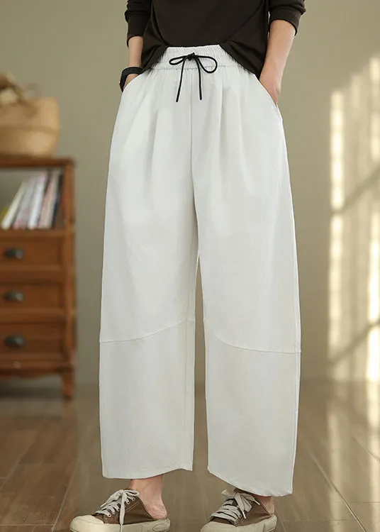 Casual White Pockets Drawstring Cotton Pants Fall QO048