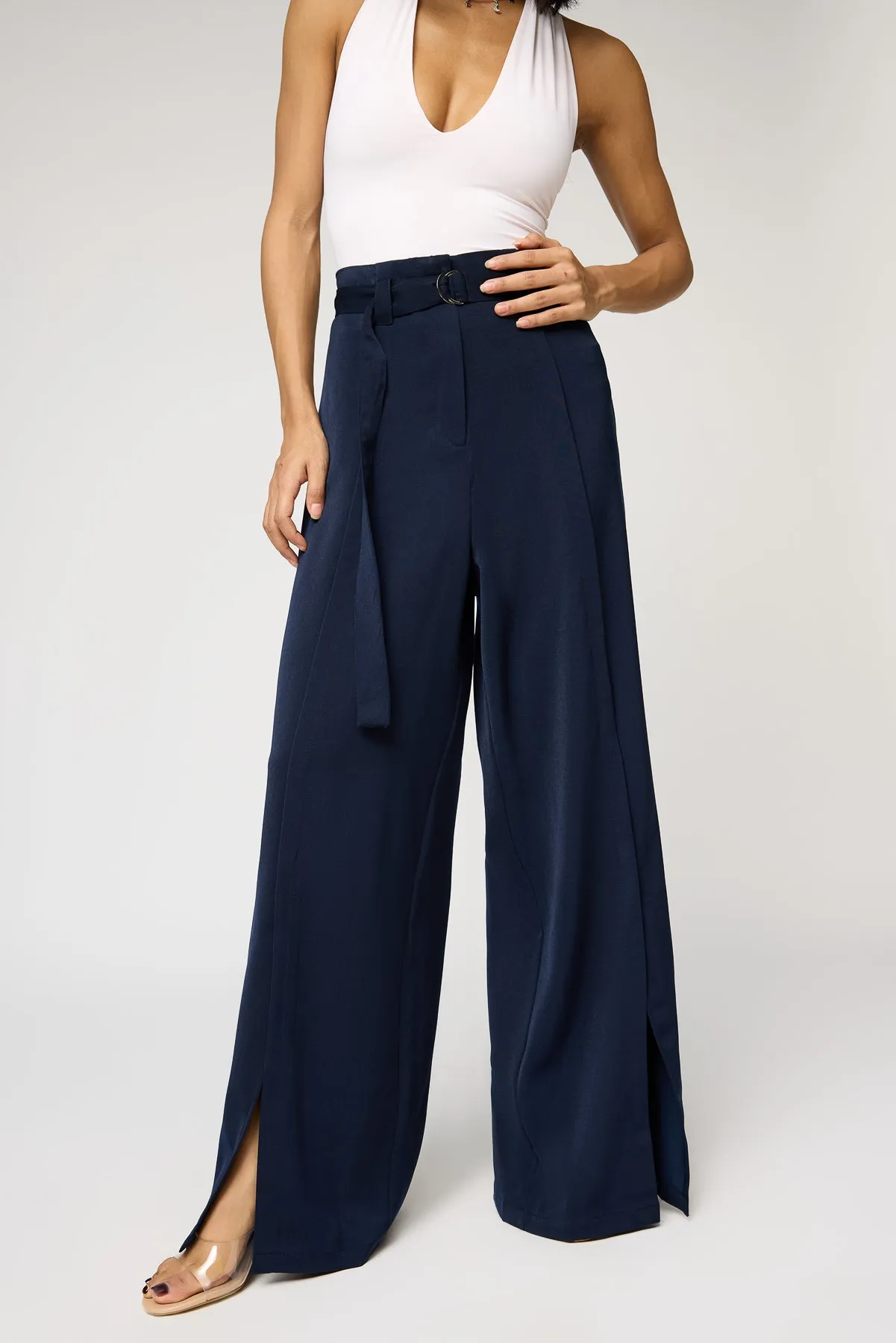 Celestial Navy Belted Flared Korean Pants