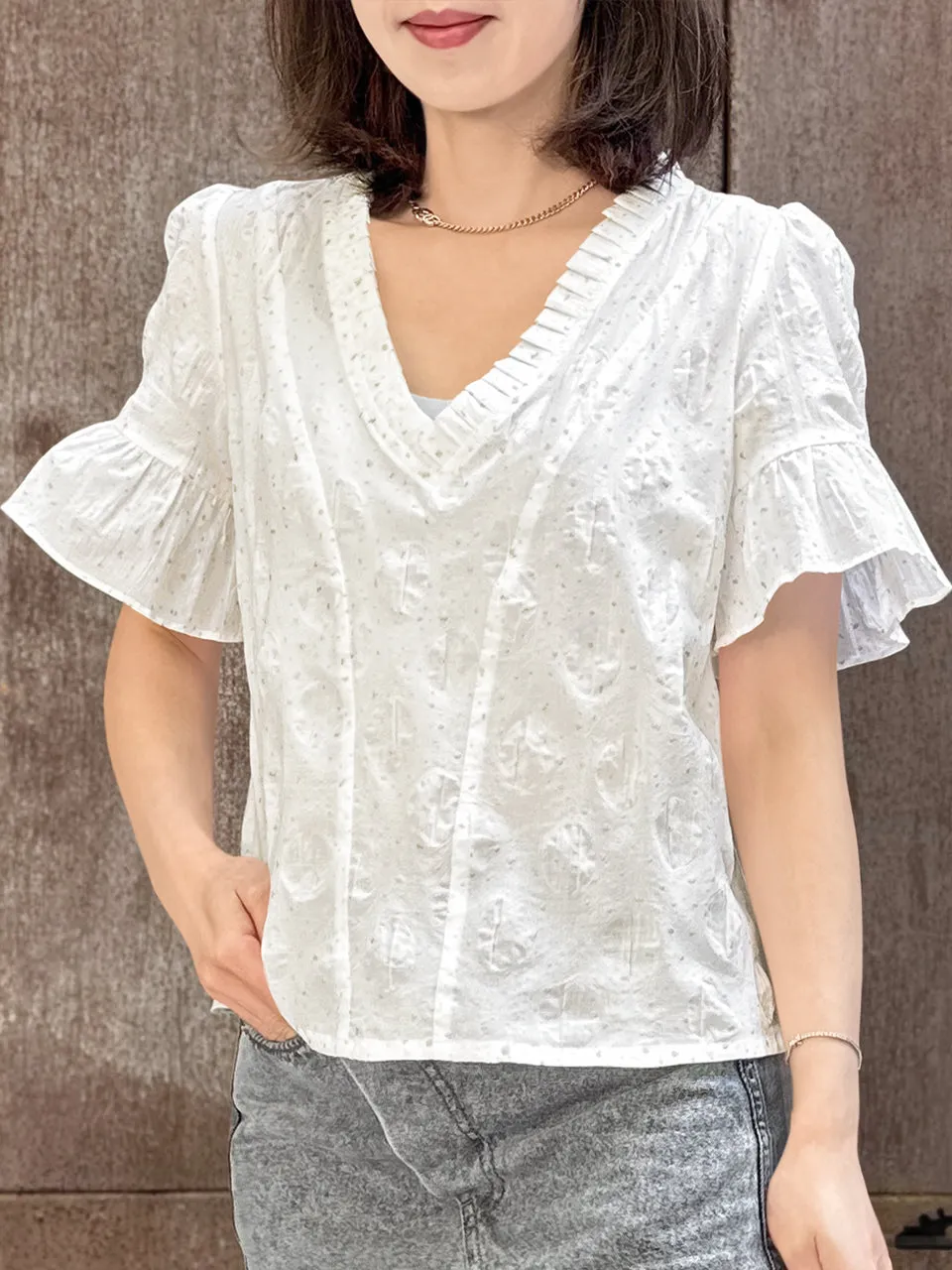 Crispy White Golden Dotty Ruffle Short Sleeves Blouse