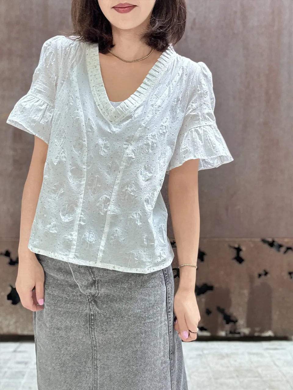 Crispy White Golden Dotty Ruffle Short Sleeves Blouse