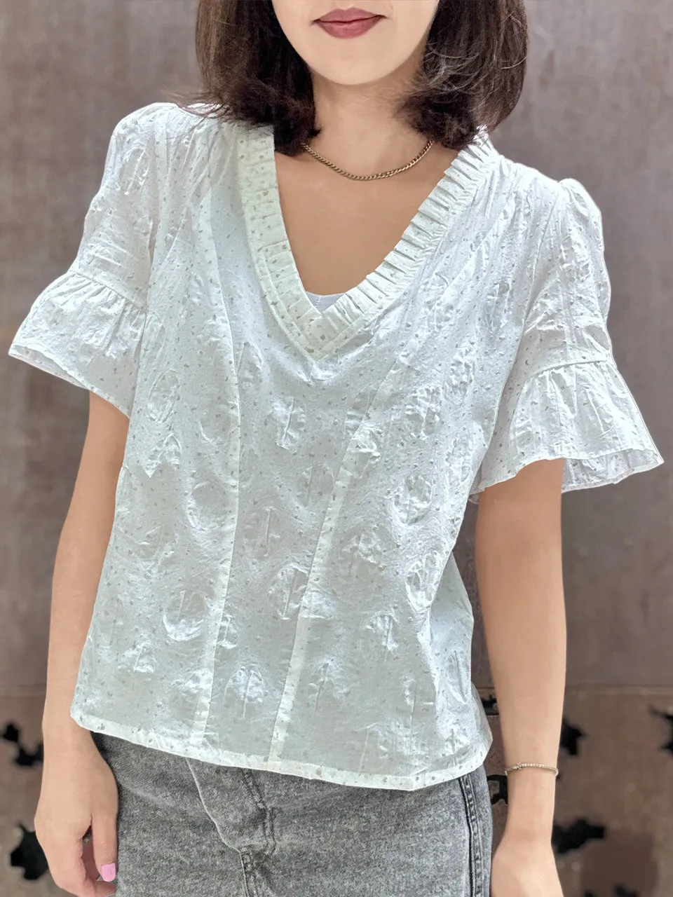 Crispy White Golden Dotty Ruffle Short Sleeves Blouse