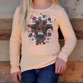 Cruel Girl's Youth L/S Highland Cow Graphic T-Shirt in Peach