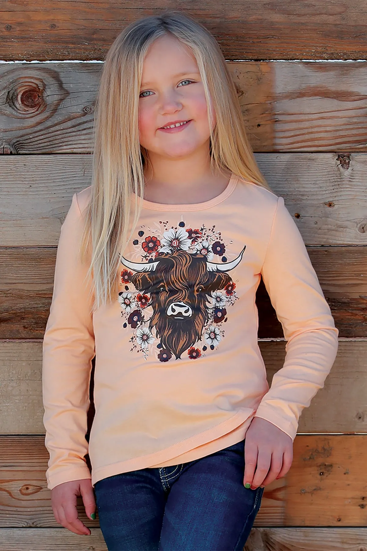 Cruel Girl's Youth L/S Highland Cow Graphic T-Shirt in Peach