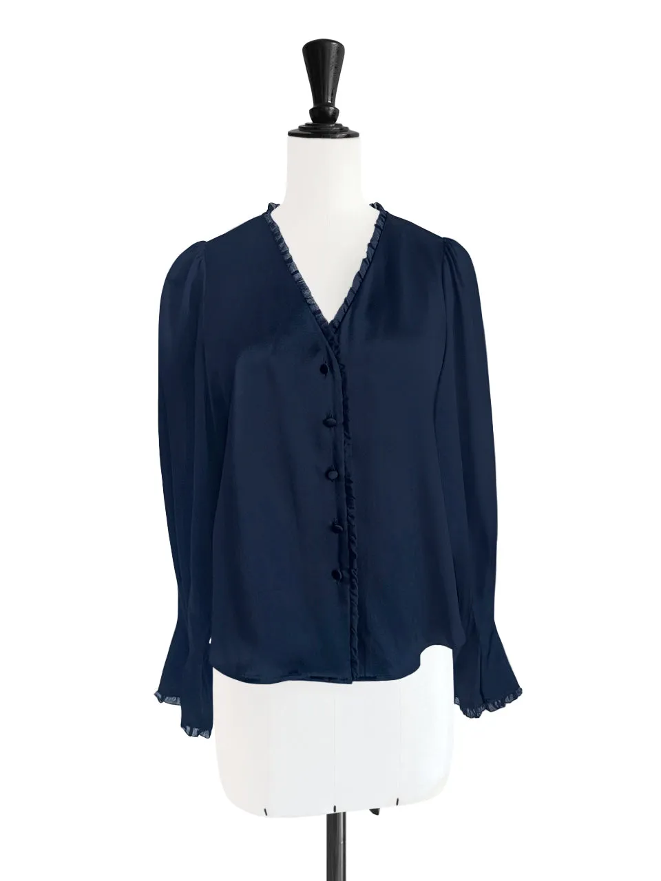 Dark Navy Mesh Trimmed Ruffle V-neck Silky Blouse