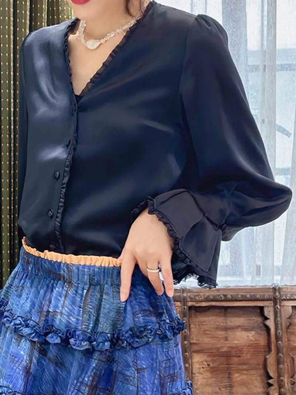 Dark Navy Mesh Trimmed Ruffle V-neck Silky Blouse