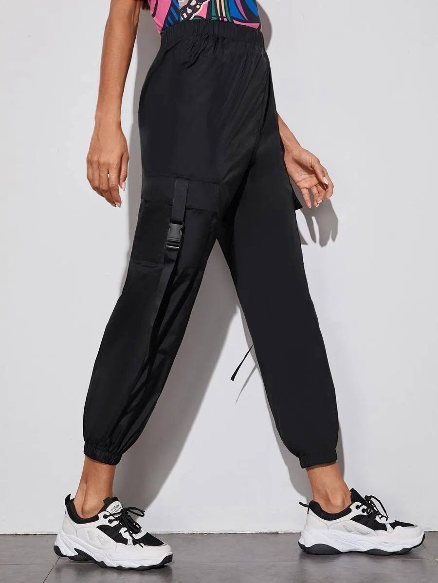 Elastic Waist Push Buckle Detail Flap Pocket Cargo Pants