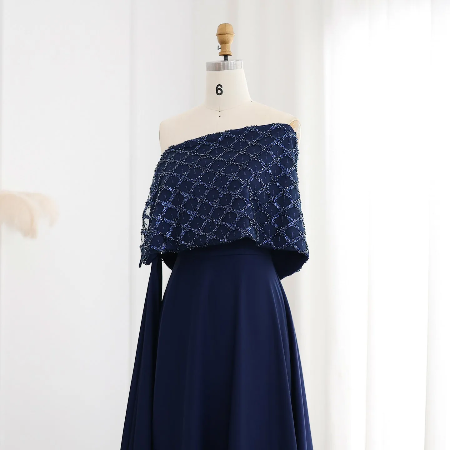 Elegant Off Shoulder Navy Blue Evening Dress with Cape SF204