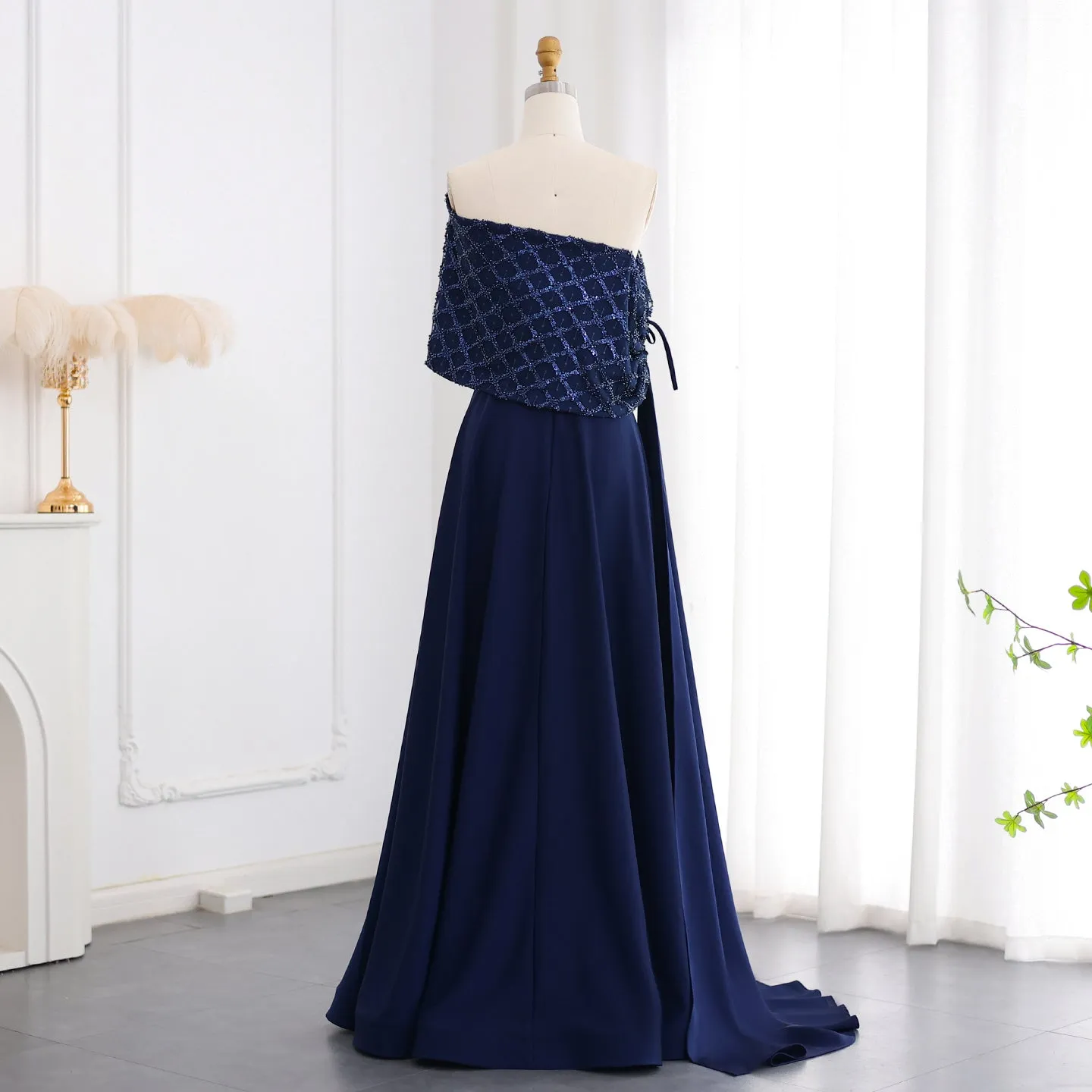 Elegant Off Shoulder Navy Blue Evening Dress with Cape SF204