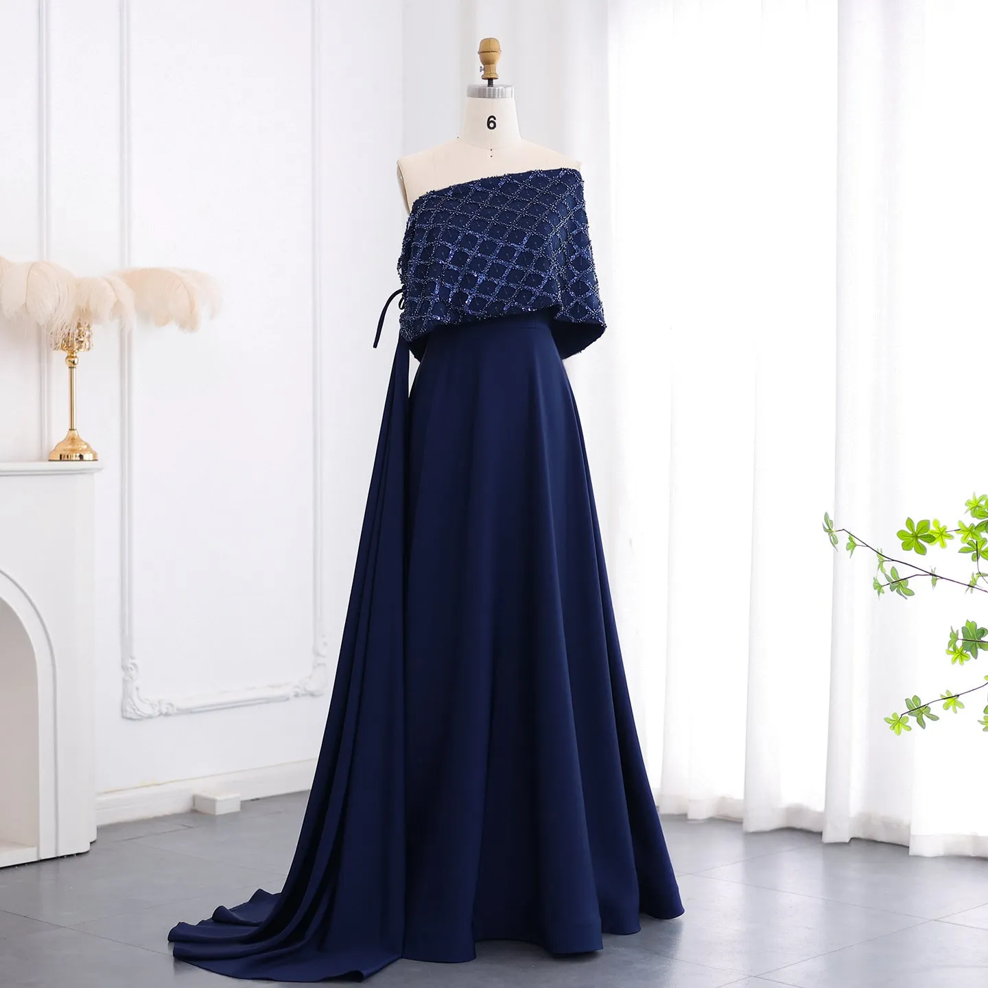 Elegant Off Shoulder Navy Blue Evening Dress with Cape SF204