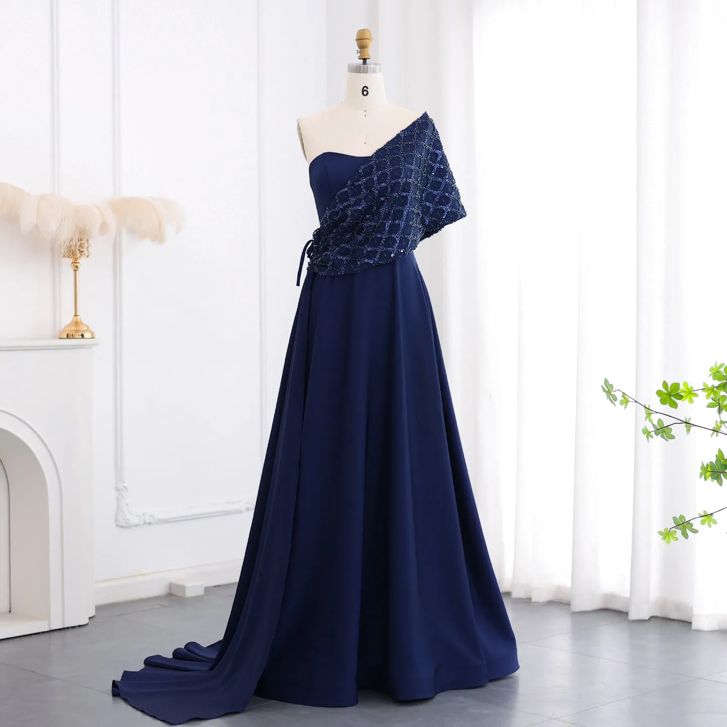 Elegant Off Shoulder Navy Blue Evening Dress with Cape SF204