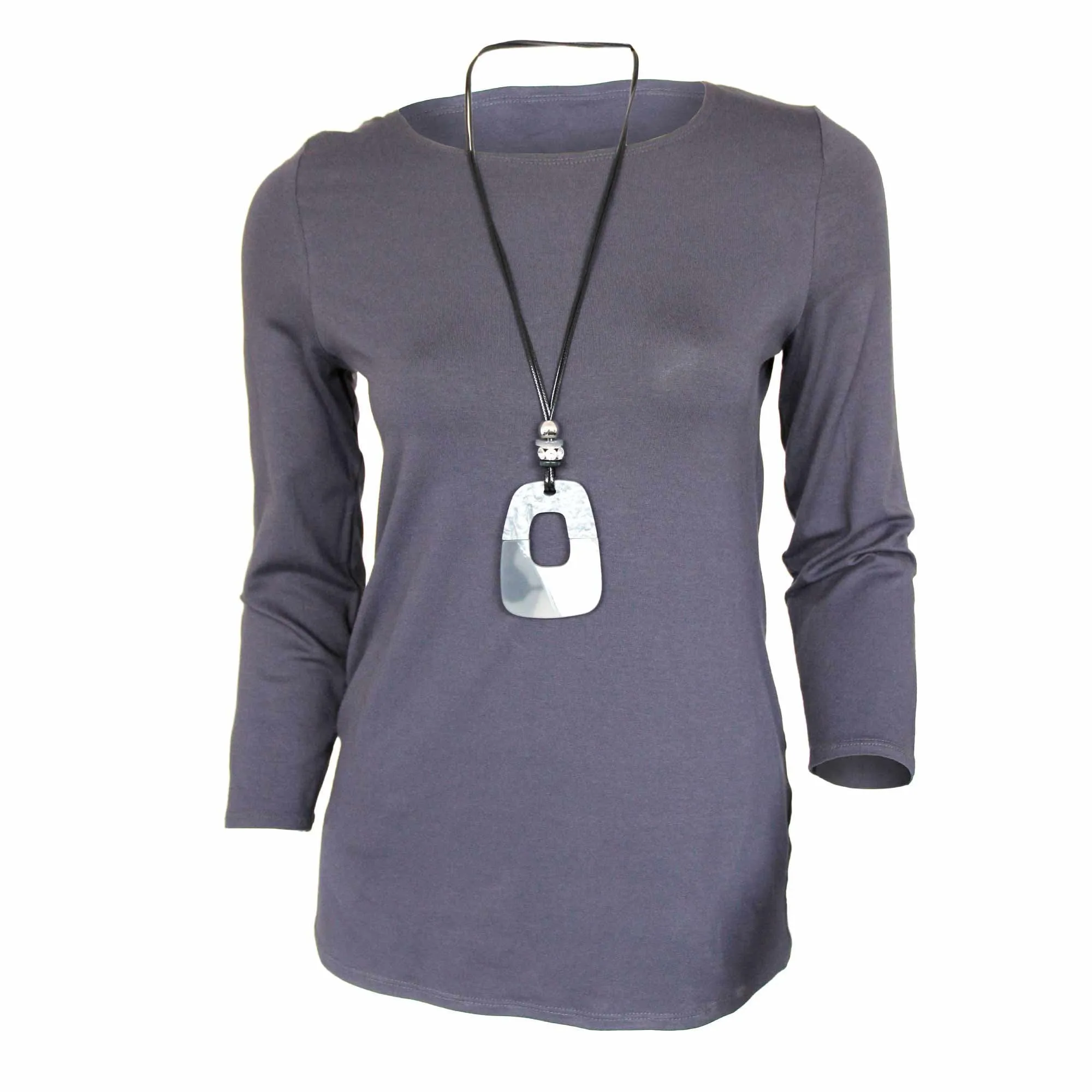 Elitzia Plain Tunic With Necklace Top - Grey