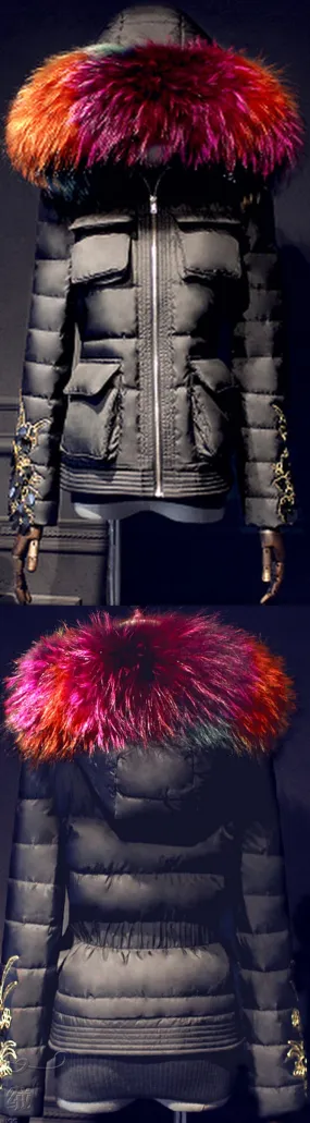 Embroidered-Sleeve Puffer Jacket with Fur Hood