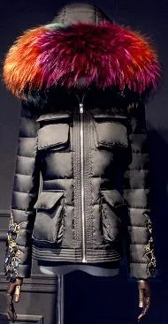 Embroidered-Sleeve Puffer Jacket with Fur Hood