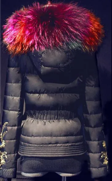 Embroidered-Sleeve Puffer Jacket with Fur Hood