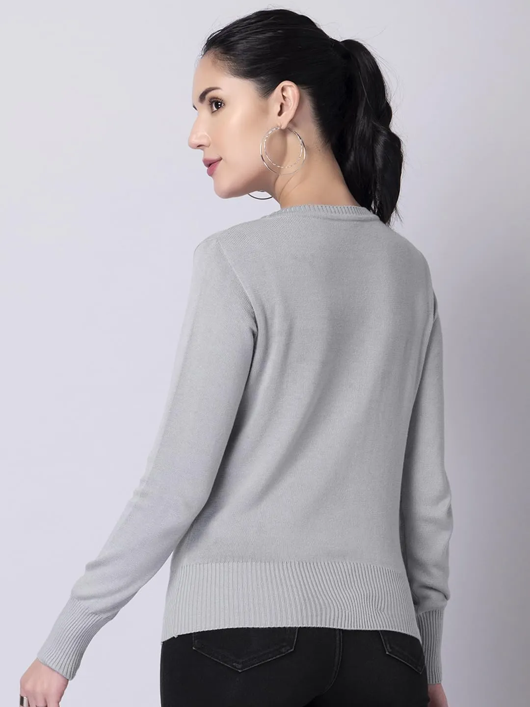 FabAlley Women's Viscose Rayon Round Neck Sweater (SWT00403_Grey_M)