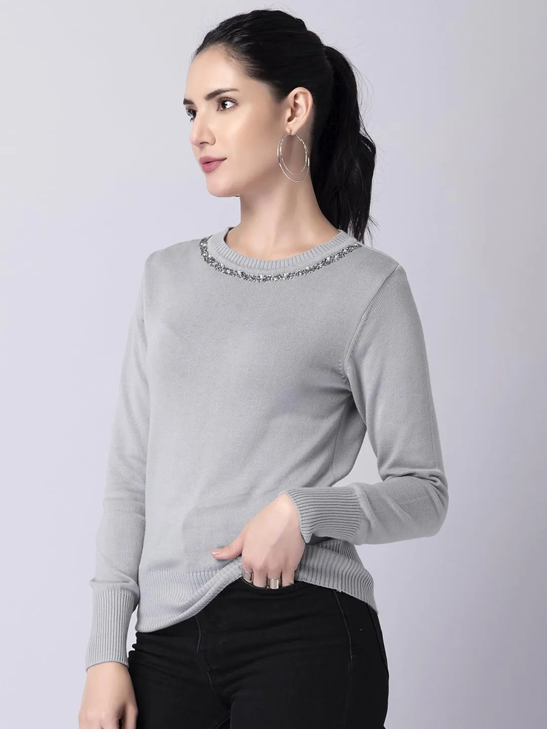 FabAlley Women's Viscose Rayon Round Neck Sweater (SWT00403_Grey_M)