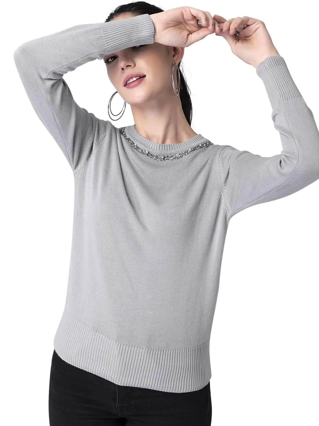 FabAlley Women's Viscose Rayon Round Neck Sweater (SWT00403_Grey_M)