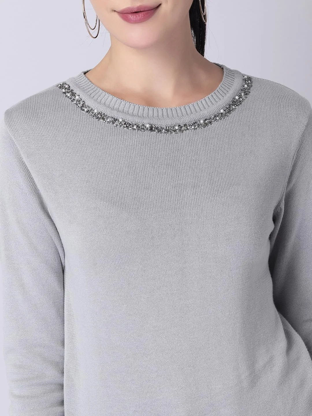 FabAlley Women's Viscose Rayon Round Neck Sweater (SWT00403_Grey_M)