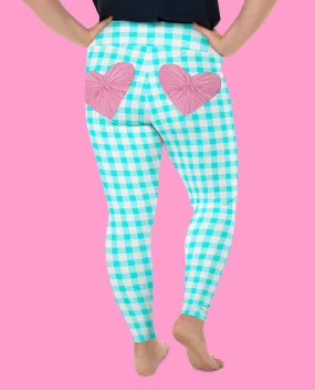 Gingham Bardot Curve High Waisted  Leggings in Aqua and White with Pink Hearts