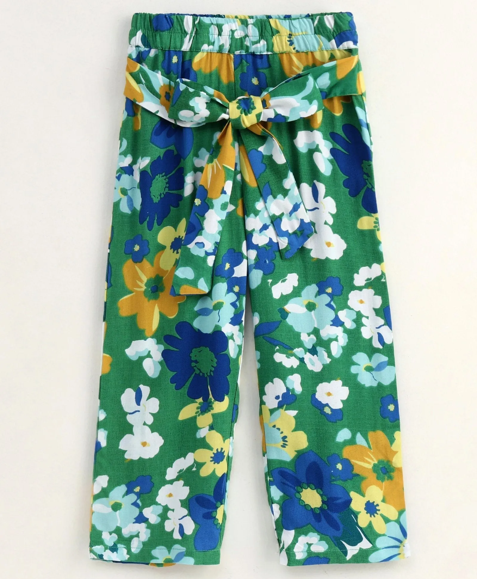 Girls Mustard Yellow Green Solid Bardot Top With Floral Print Trousers - Ps Peaches