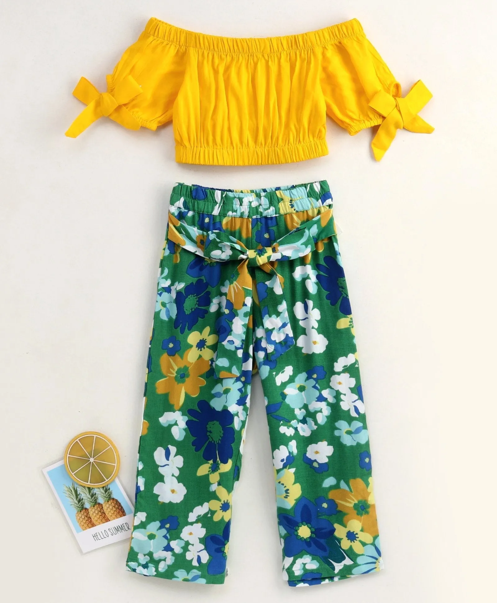 Girls Mustard Yellow Green Solid Bardot Top With Floral Print Trousers - Ps Peaches